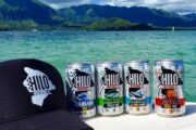 hilo brewing company beers with a hat and a tropical background