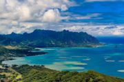 Kualoa Regional Park (center) and Chinaman's Hat Island (right) seen over Kaneohe Bay